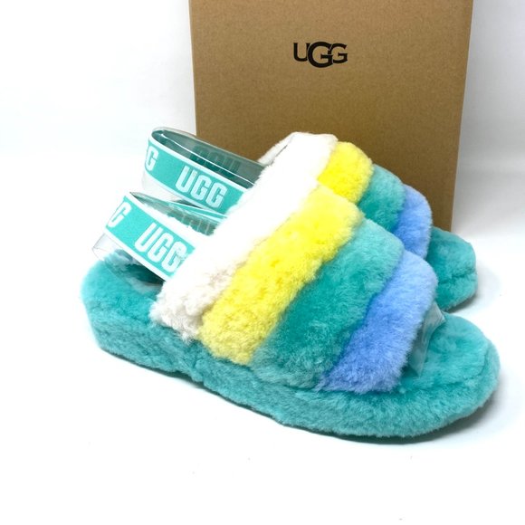 UGG FLUFF YEAH Women Size 8 1097169 TPMLT Green Fur Sheep Slides Slipper Sandal - Picture 6 of 10